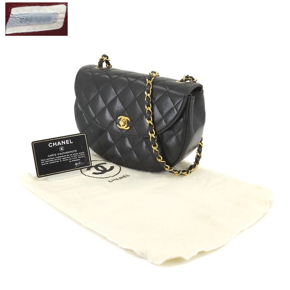 CHANEL Matelasse Half Moon Chain Shoulder Bag Leather Black Gold Hardware Vin... - Picture 9 of 10